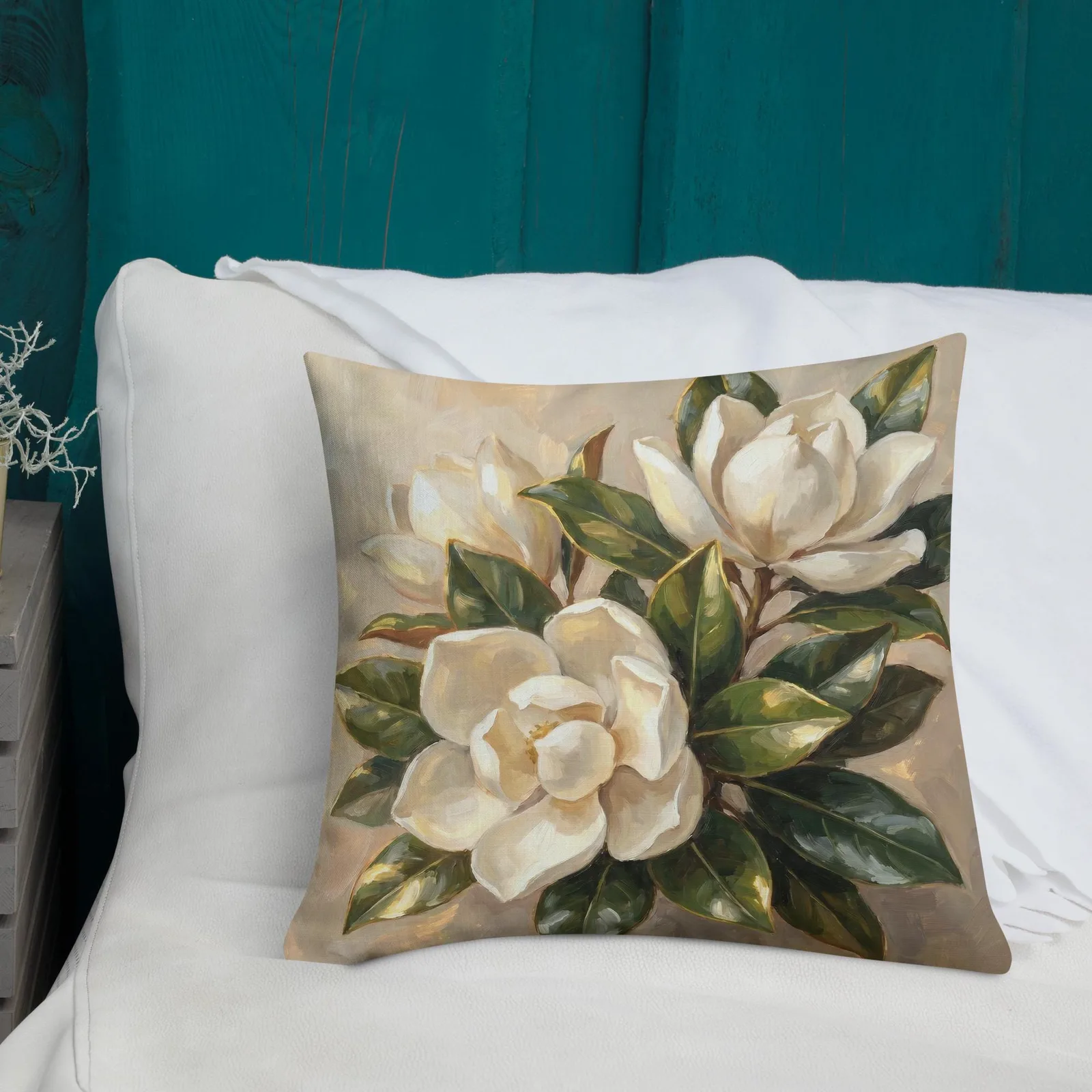 White Magnolia Throw Pillow: Elegant Floral Decor Cushion, photo 2