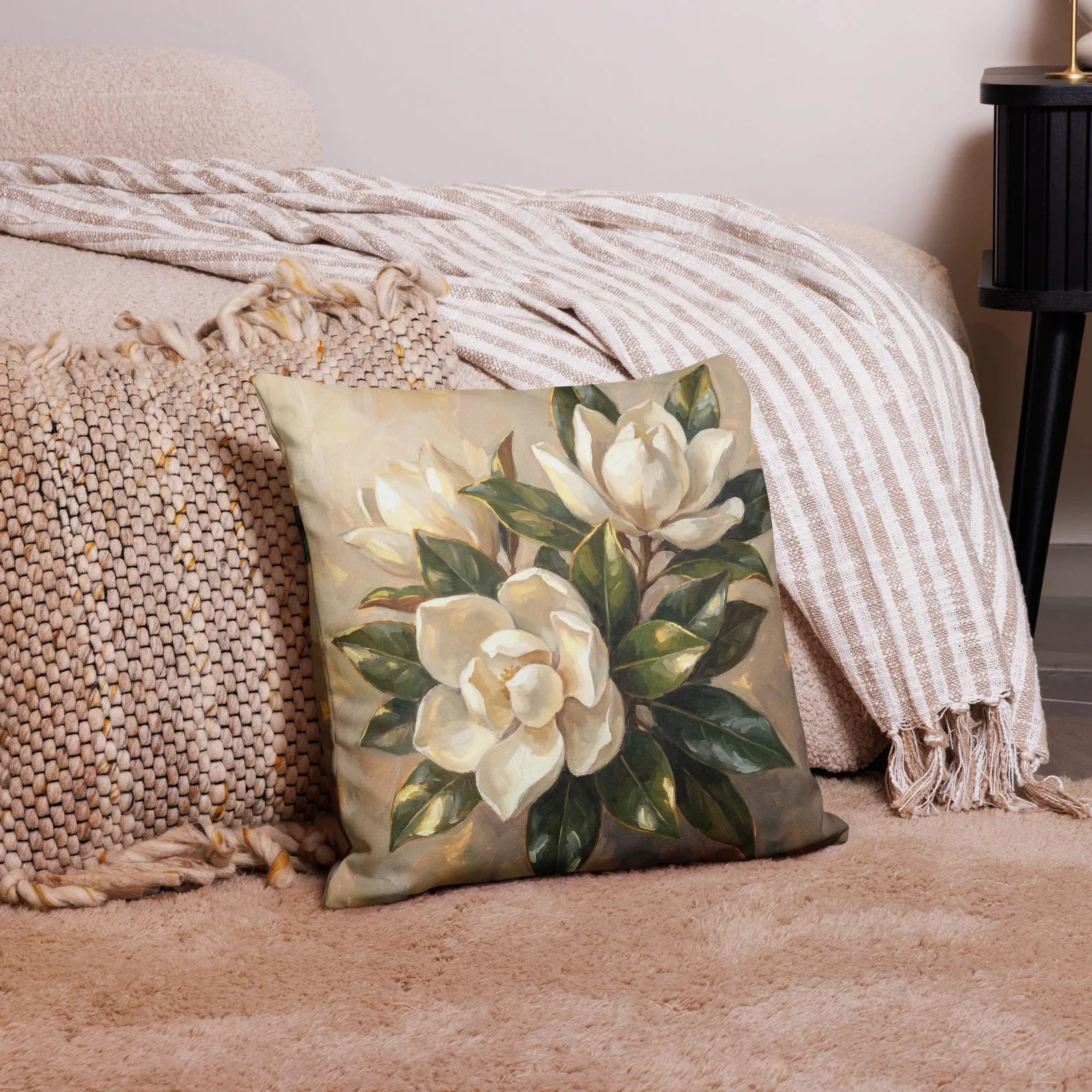 White Magnolia Throw Pillow: Elegant Floral Decor Cushion, photo 8