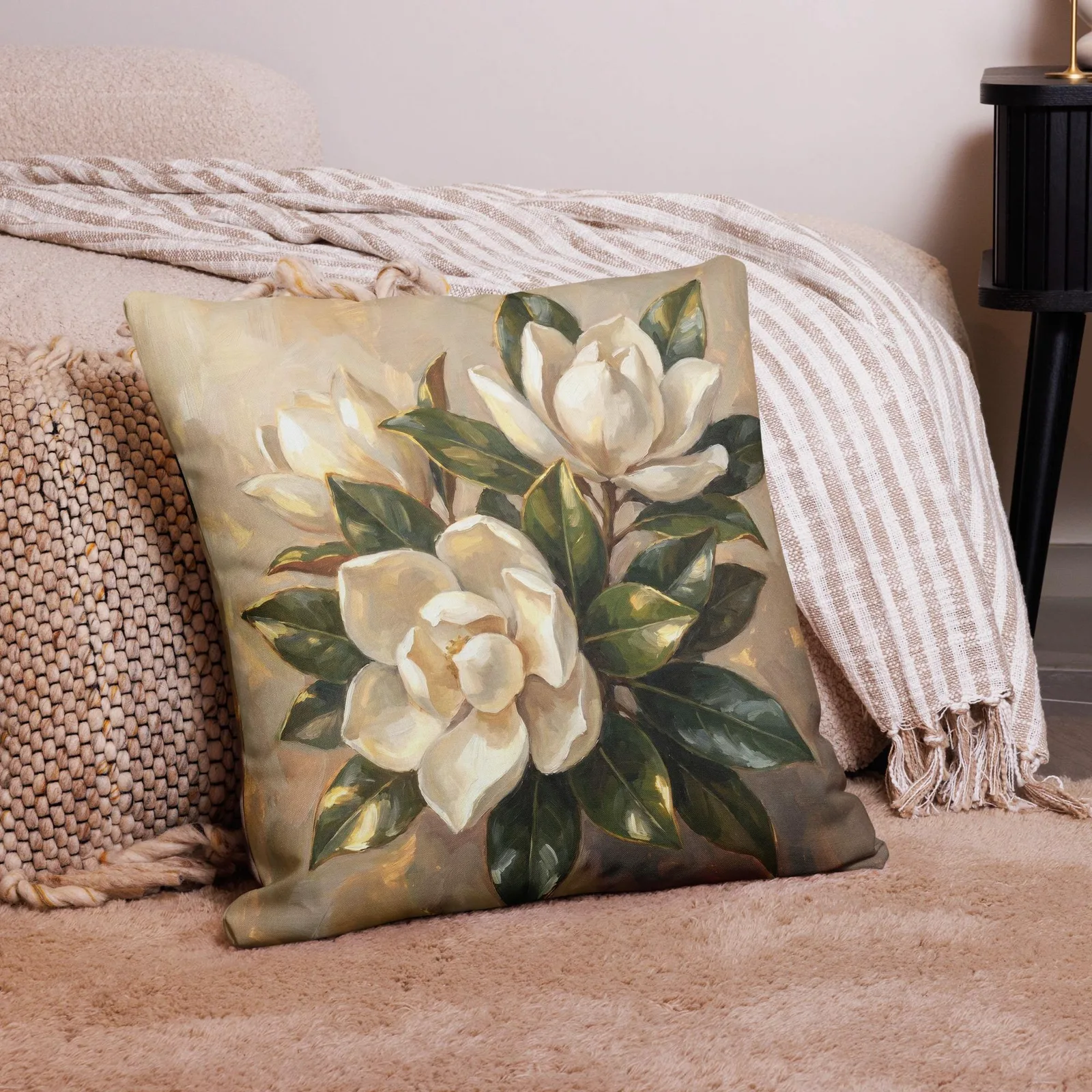 White Magnolia Throw Pillow: Elegant Floral Decor Cushion, photo 9