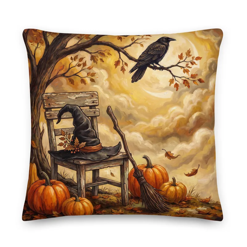 Witchy Autumn Pumpkin Pillow: Cozy Spooky Halloween Accent Decor Cushion