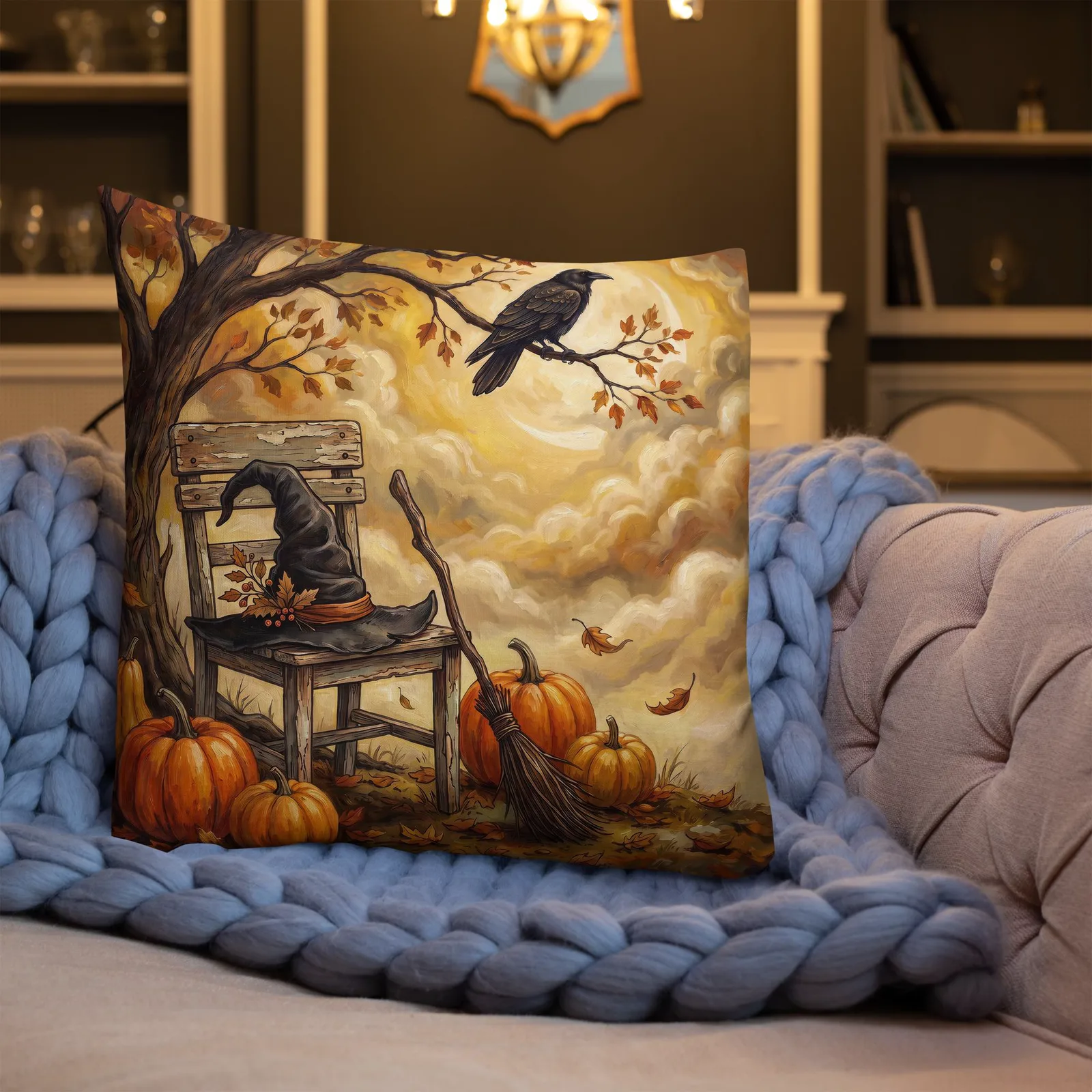 Witchy Autumn Pumpkin Pillow: Cozy Spooky Halloween Accent Decor Cushion, photo 5